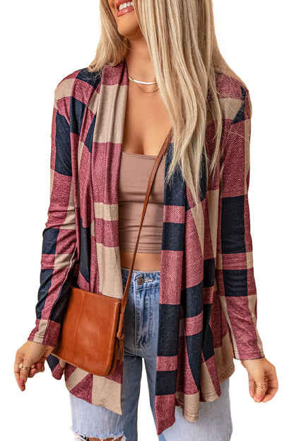 Draped Open Front Plaid Cardigan | Red