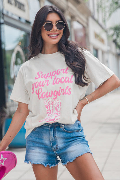 Support Your Local Cowgirls Boots Print Crewneck Tee | White