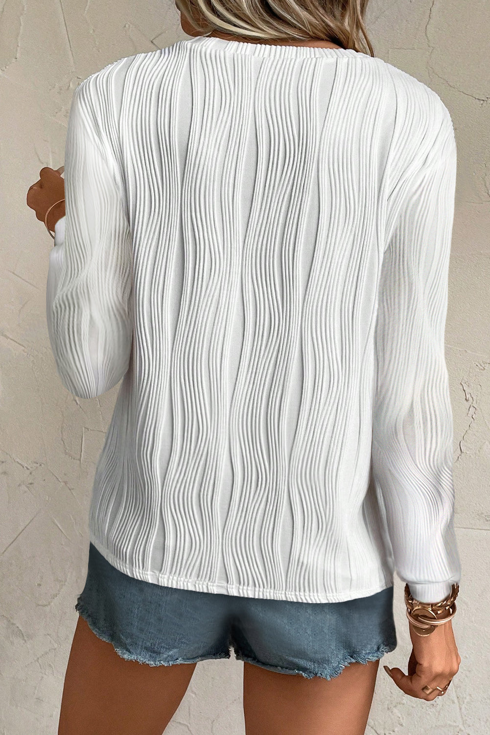 Textured Wavy Round Neck Long Sleeve Top | White