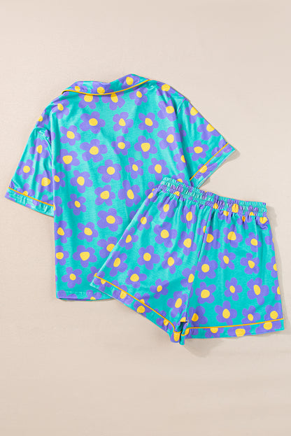 Flower Print Short Sleeve Shirt Pajamas Set | Green