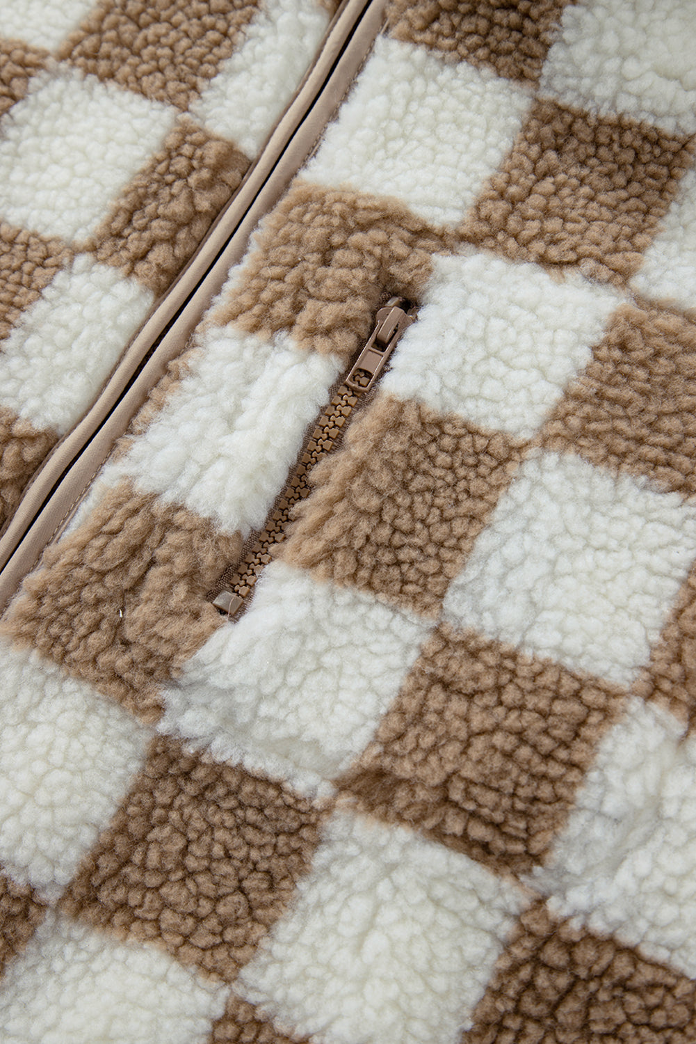 Checkered Sherpa Collared Jacket Vest | Khaki