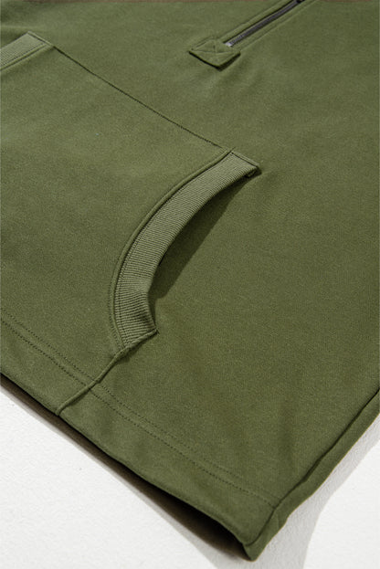 Solid Kangaroo Pocket Half Zipper Oversized Hoodie | Moss Green