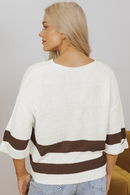 d Accent Notched V Neck Cropped Sweater T Shirt | Brown Stripe