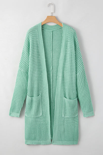 Long Line Open Front Knitted Cardigan With Pockets | Green