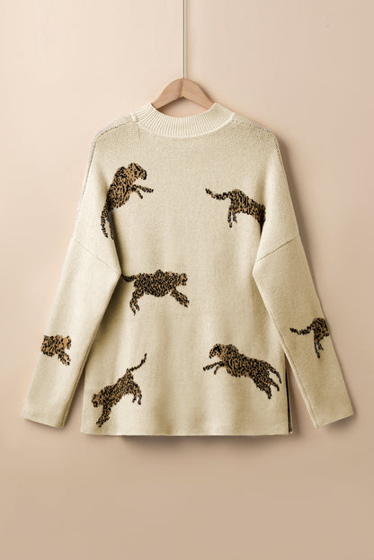 Lively Cheetah Print High Neck Split Hem Sweater | Parchment