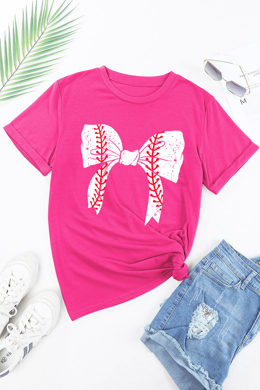 Baseball Bowknot Graphic Casual Tee | Rose Red