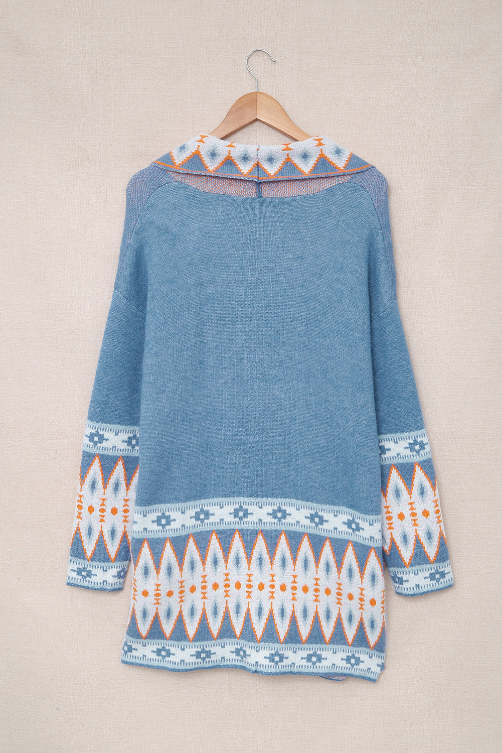 Aztec Print Open Front Knitted Cardigan | Blue