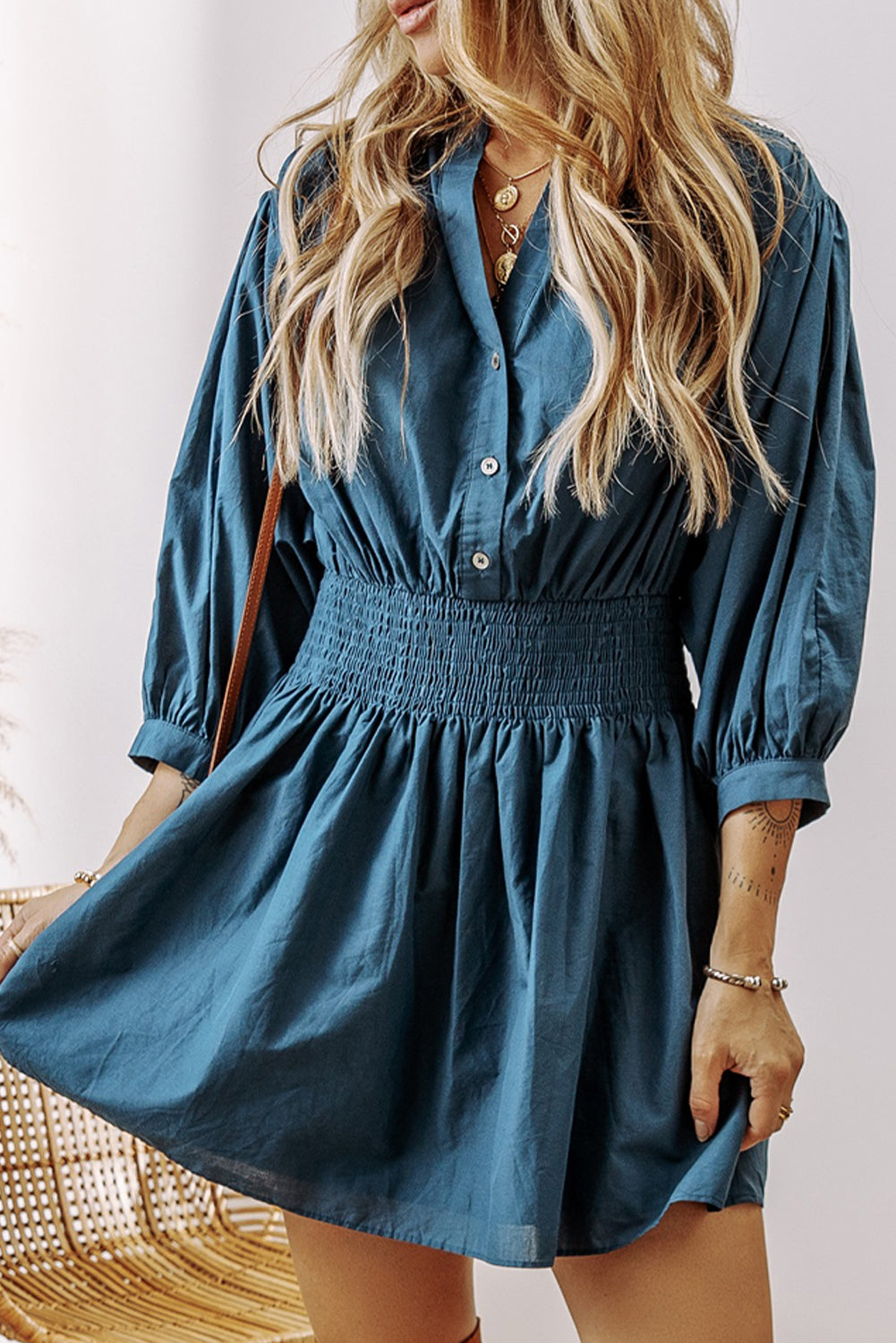 3/4 Sleeve Shirred High Waist Buttoned Mini Dress | Prussian Blue