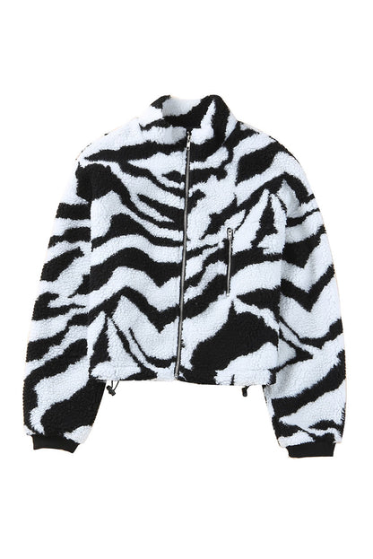 Zebra Teddy Zip-Up High Neck Jacket | Black