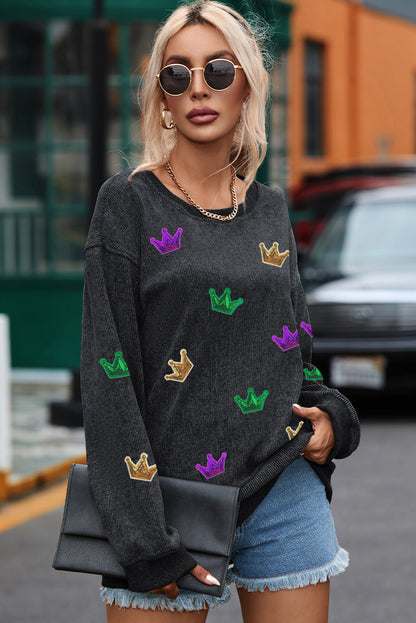 Mardi Gras Crown Sequin Patch Corded Baggy Sweatshirt | Black