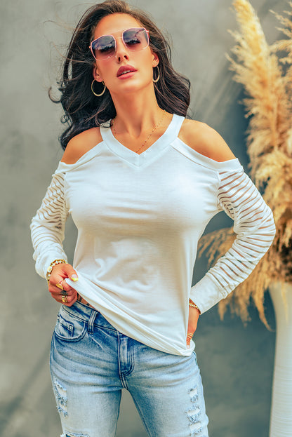 Mesh Striped Cut-Out Cold Shoulder Long Sleeve T-Shirt | White