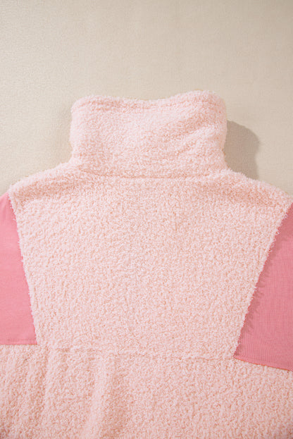 Exposed Seam Fuzzy Patchwork Zip Neck Sweatshirt | Pink