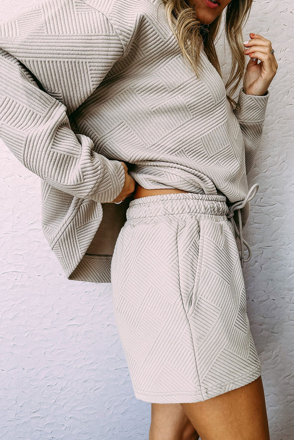 Textured Long Sleeve Top And Drawstring Shorts Set | Gray