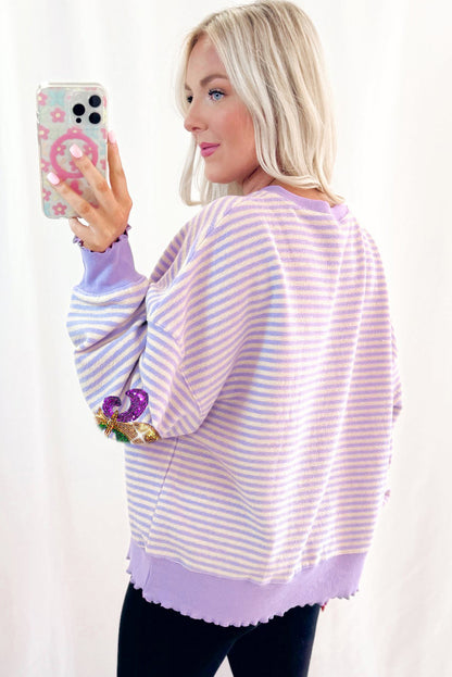 Sequin Fleur De Lis Patched Pattern Long Sleeve Top | Purple Stripe