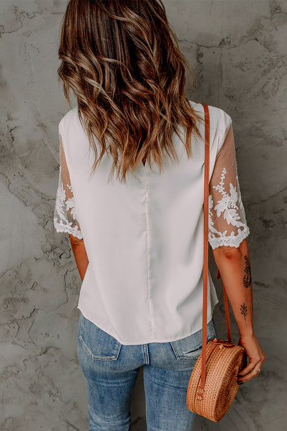 Floral Lace Sleeve Patchwork Top | White