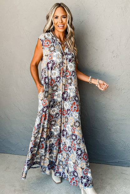 Floral Sleeveless Buttoned Pocketed Wide Leg Jumpsuit | Sky Blue