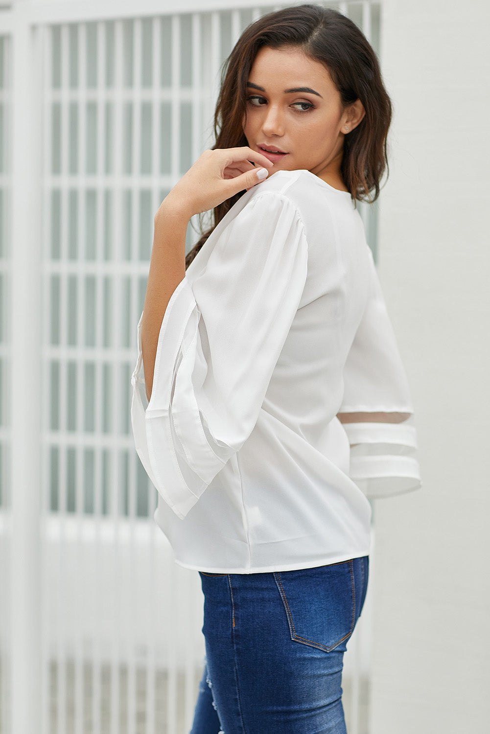 Flare Sleeve V Neck Loose Blouse | White