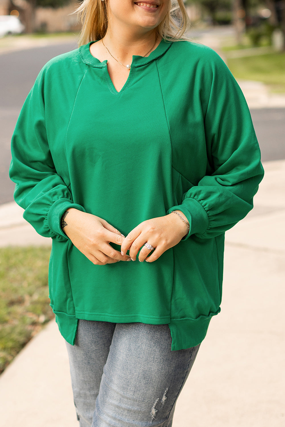 Exposed Seam Notched Neck Drop Shoulder Plus Sweatshirt | Bright Green