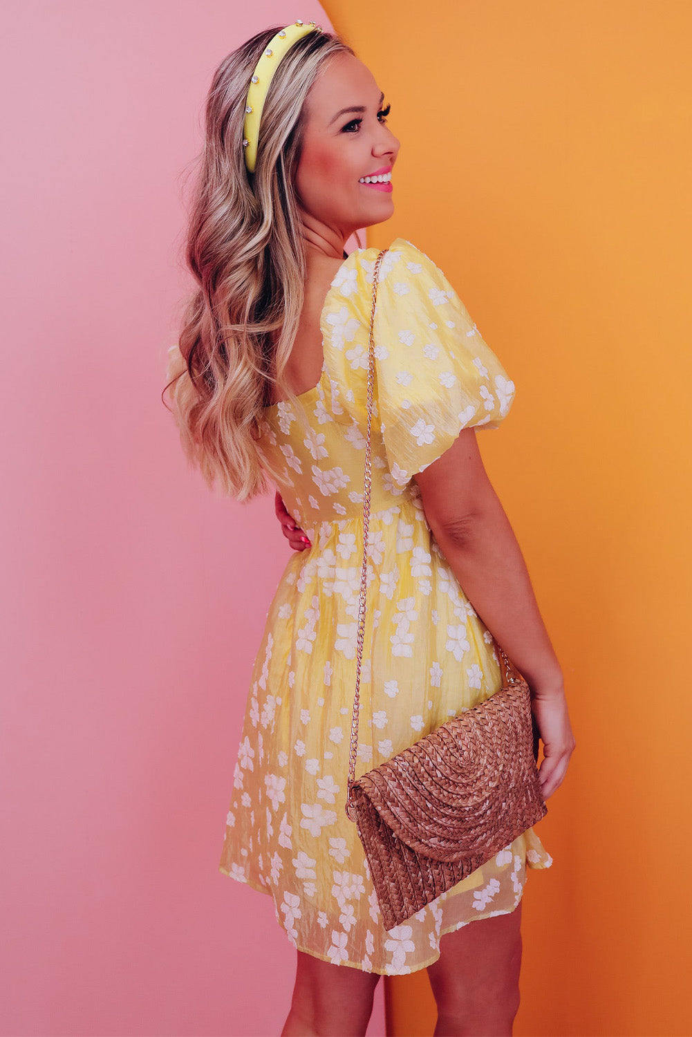 Boho Flower Jacquard Puff Sleeve Square Neck Mini Dress | Yellow