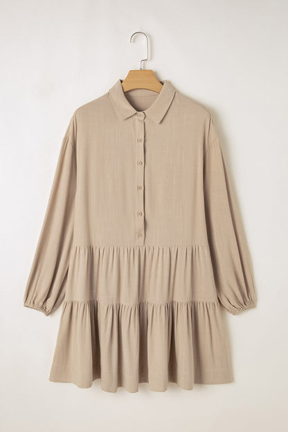 Puff Sleeve Buttoned Tiered Pleated Shirt Mini Dress | Tan