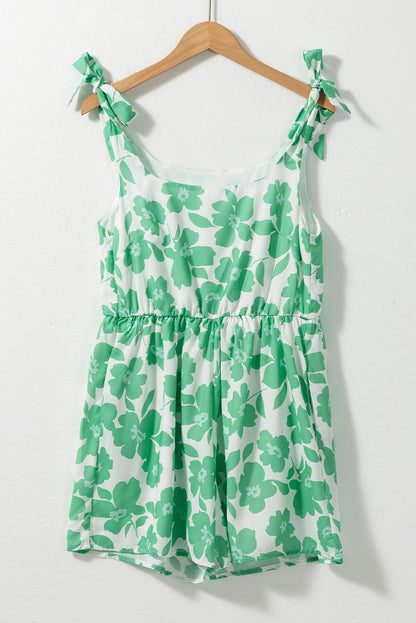 Flower Print Knotted Straps Square Neck Romper | Green