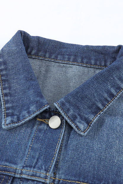 Lapel Distressed Raw Hem Buttons Denim Jacket | Blue