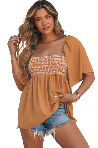 Square Neck Wide Sleeves Flowy Top | Brown