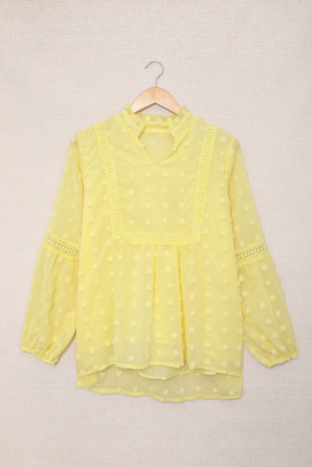 Swiss Dot Split Neck Ruffle Babydoll Blouse | Yellow