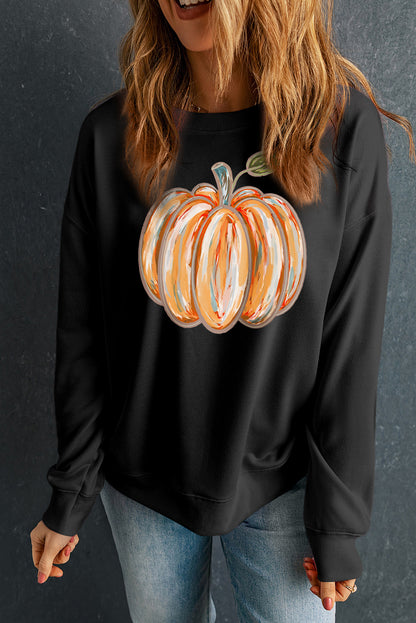 Thanksgiving Pumpkin Graphic Drop Shoulder Sweatshirt | Black