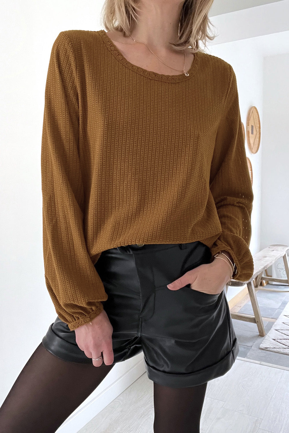 Textured Round Neck Puff Sleeve Top | Brown