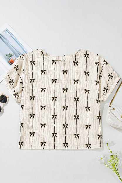 Bow Print Puff Short Sleeve Top | Beige