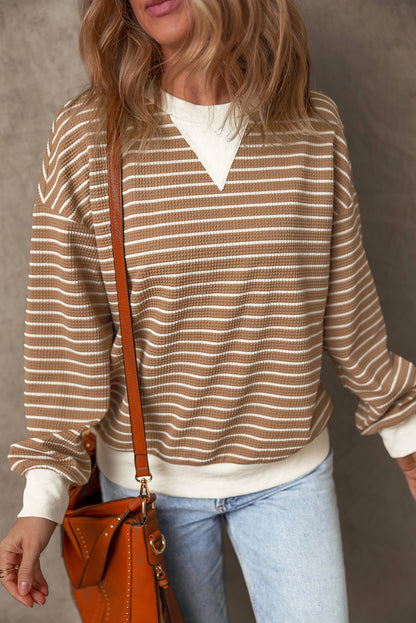 Patched Edge Textured Round Neck Long Sleeve Top | Khaki Stripe