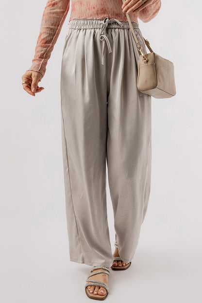 Solid Pleated Lace-Up High Waist Wide Leg Pants | Jet Stream