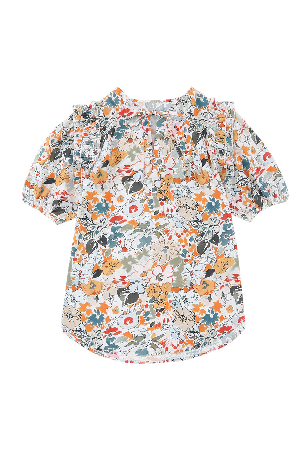 Split V Neck Puff Sleeve Flower Print Blouse | Multicolour