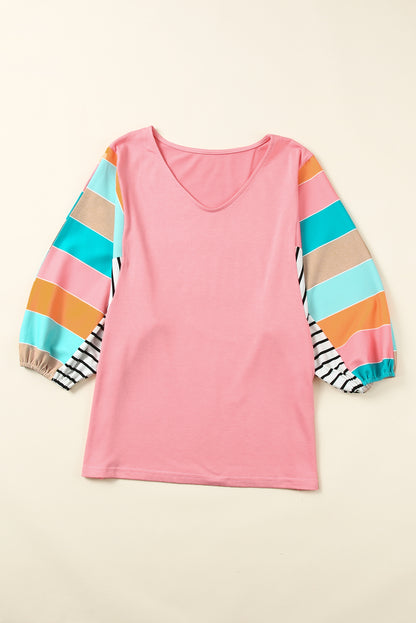 Stripe Colour Block Bubble Sleeve Top | Pink