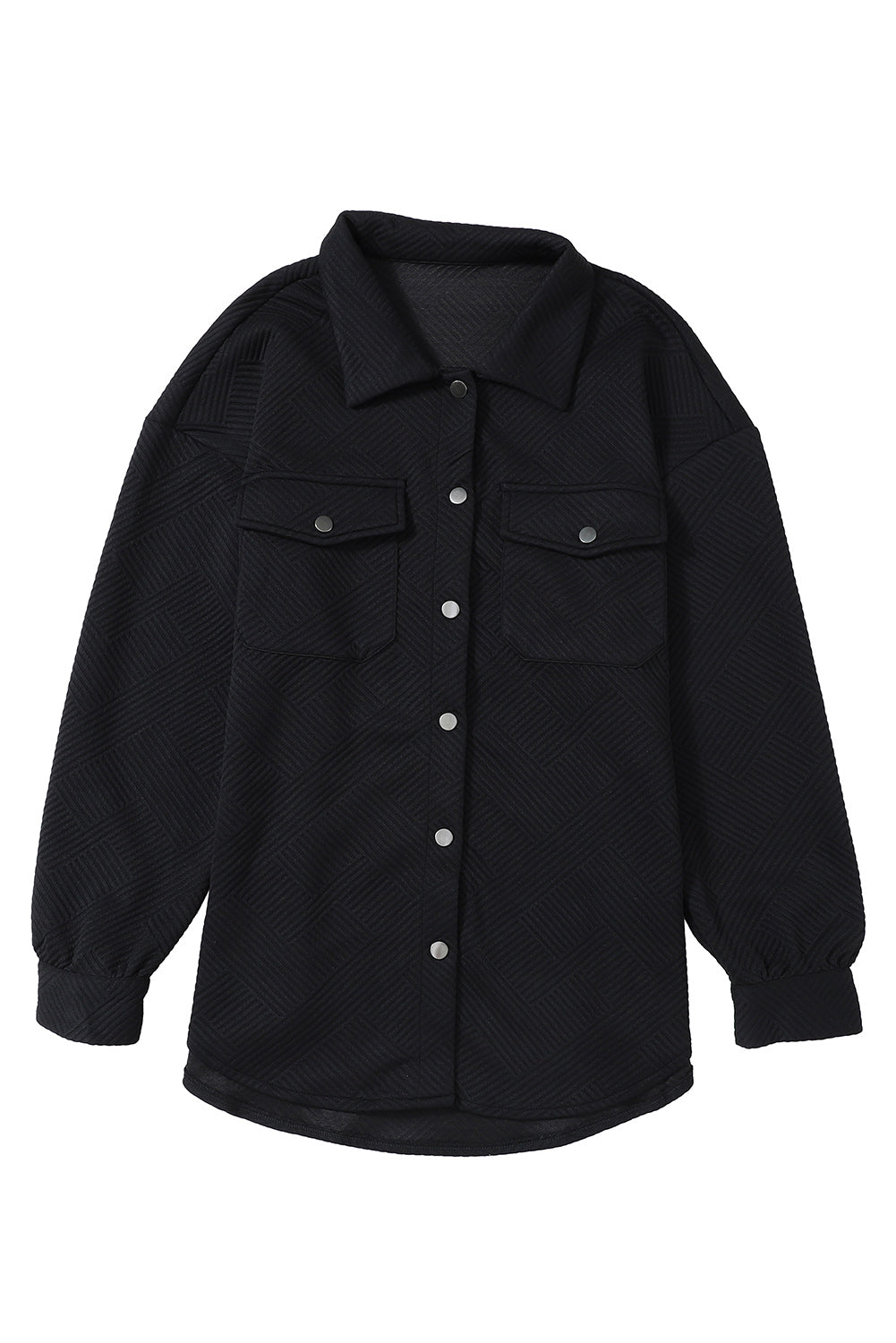 Solid Textured Flap Pocket Buttoned Shacket | Black