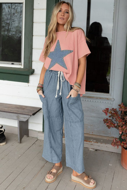 Mineral Wash Studded Star Patch Graphic High Low Tee | Apricot Pink