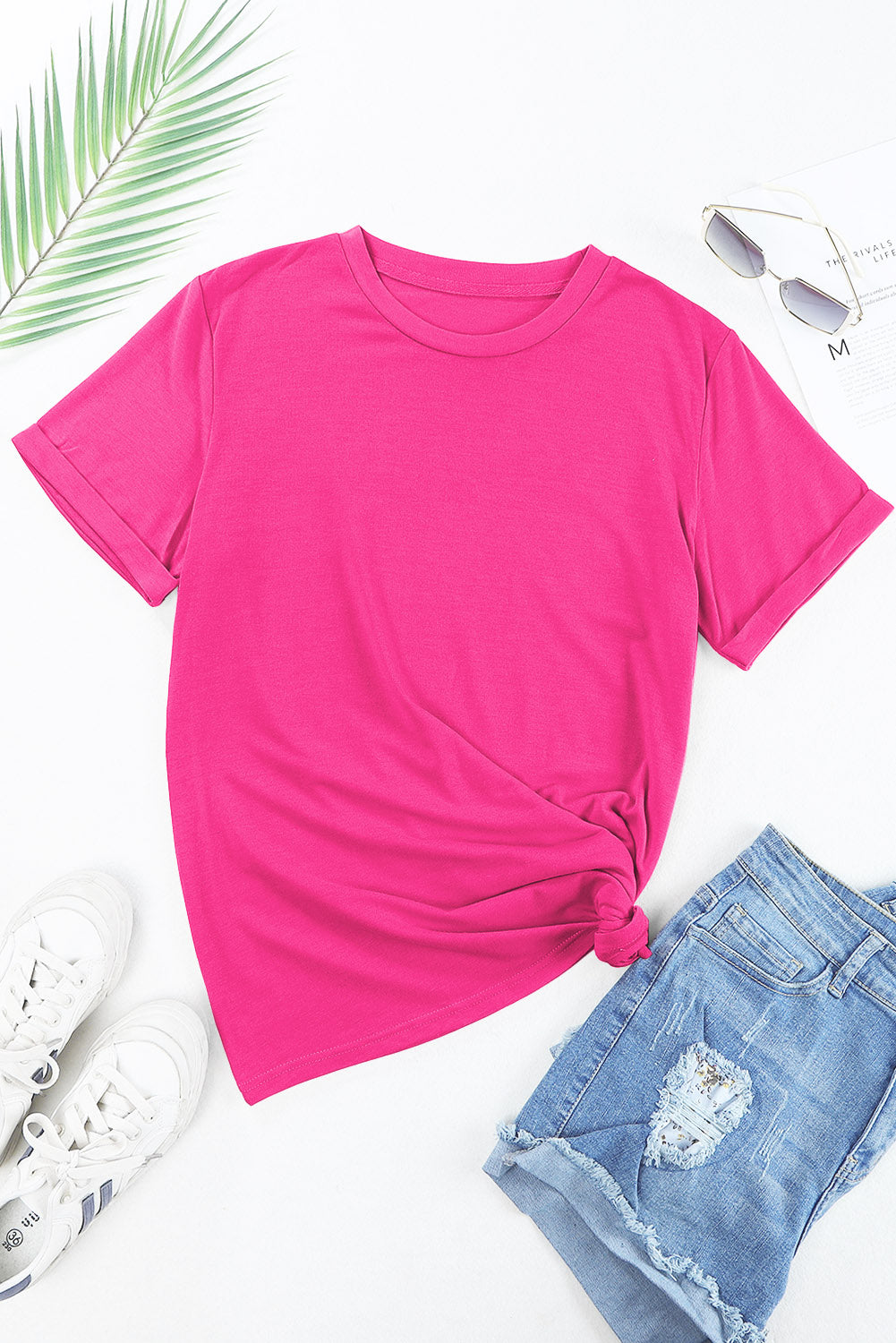 Casual Plain Crew Neck Tee | Rose Red