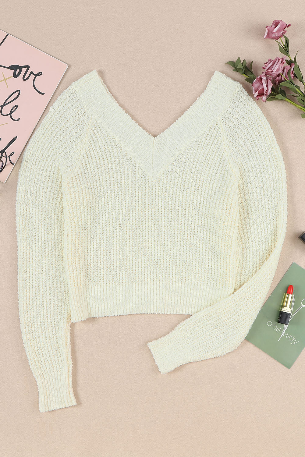 Cropped V Neck Fuzzy Sweater | White