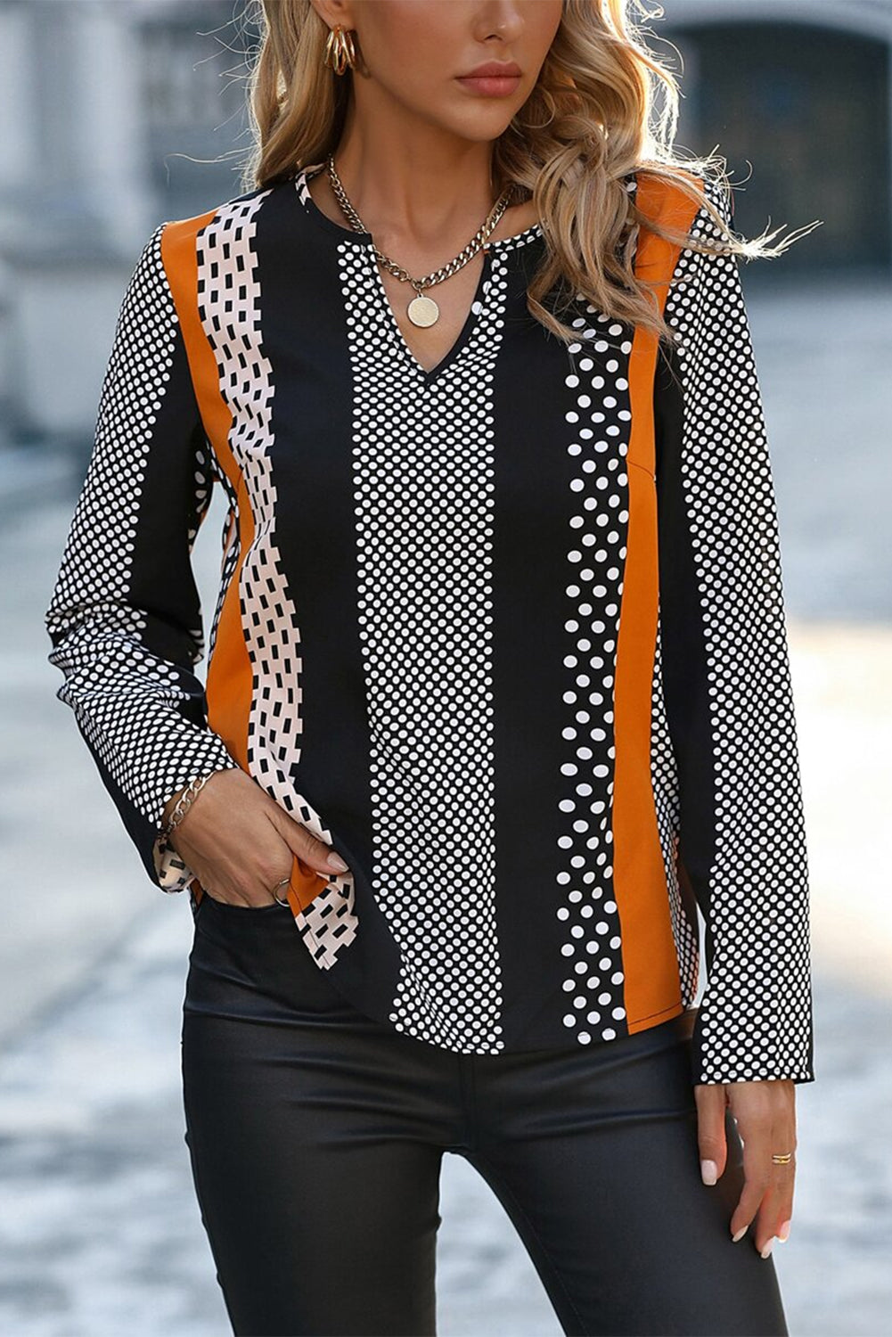 Geo Print Colourblock Notched V Neck Blouse | Orange