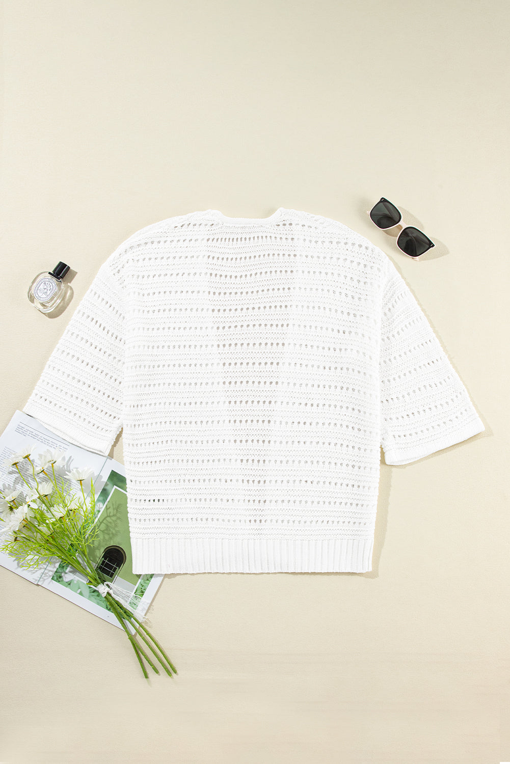 Pointelle Knit Bracelet Sleeve Open Cardigan | White