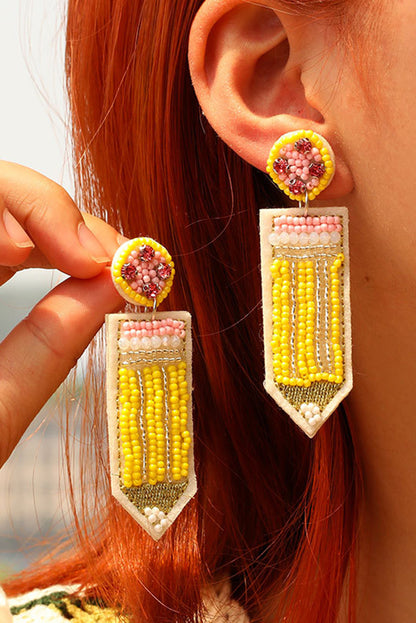 Beaded Pencil Teacher Earrings | Yellow