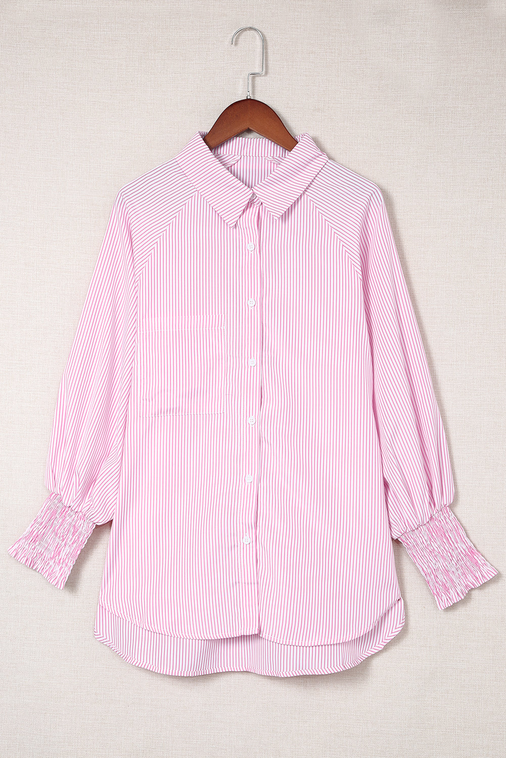 Smocked Cuffed Striped Boyfriend Shirt With Pocket | Pink