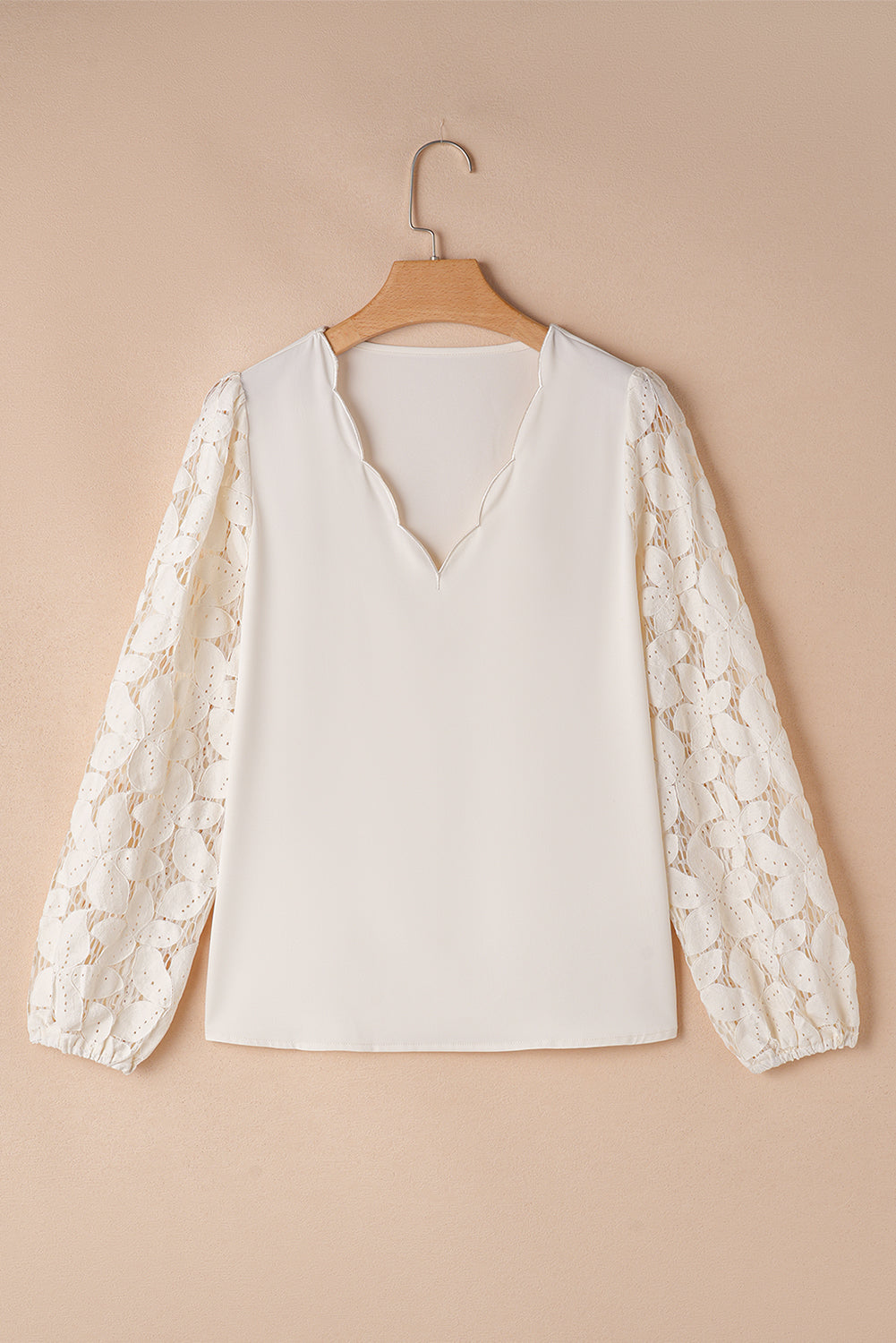 Scalloped V Neckline Lace Hollowed Lantern Sleeve Blouse | White