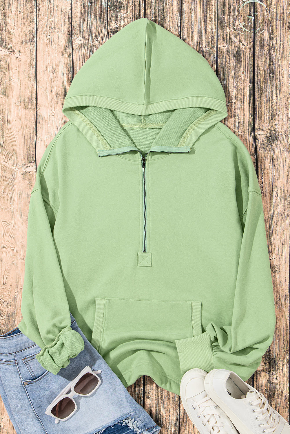 Solid Kangaroo Pocket Half Zipper Oversized Hoodie | Smoke Green