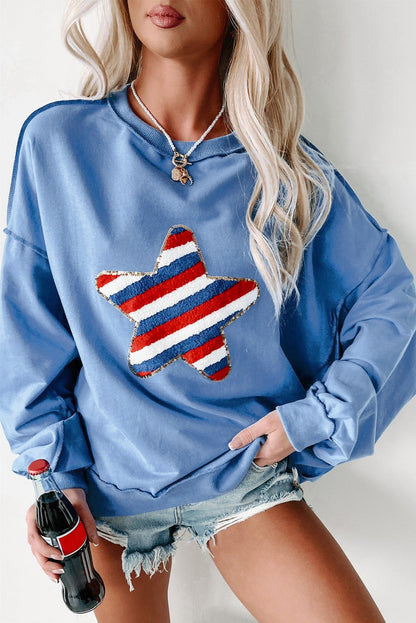 Sequin Trim Embroidered Star Usa Pattern Sweatshirt | Sky Blue