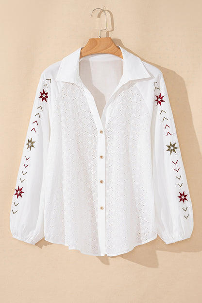 Floral Embroidered Puff Sleeve Eyelet Patchwork Shirt | White