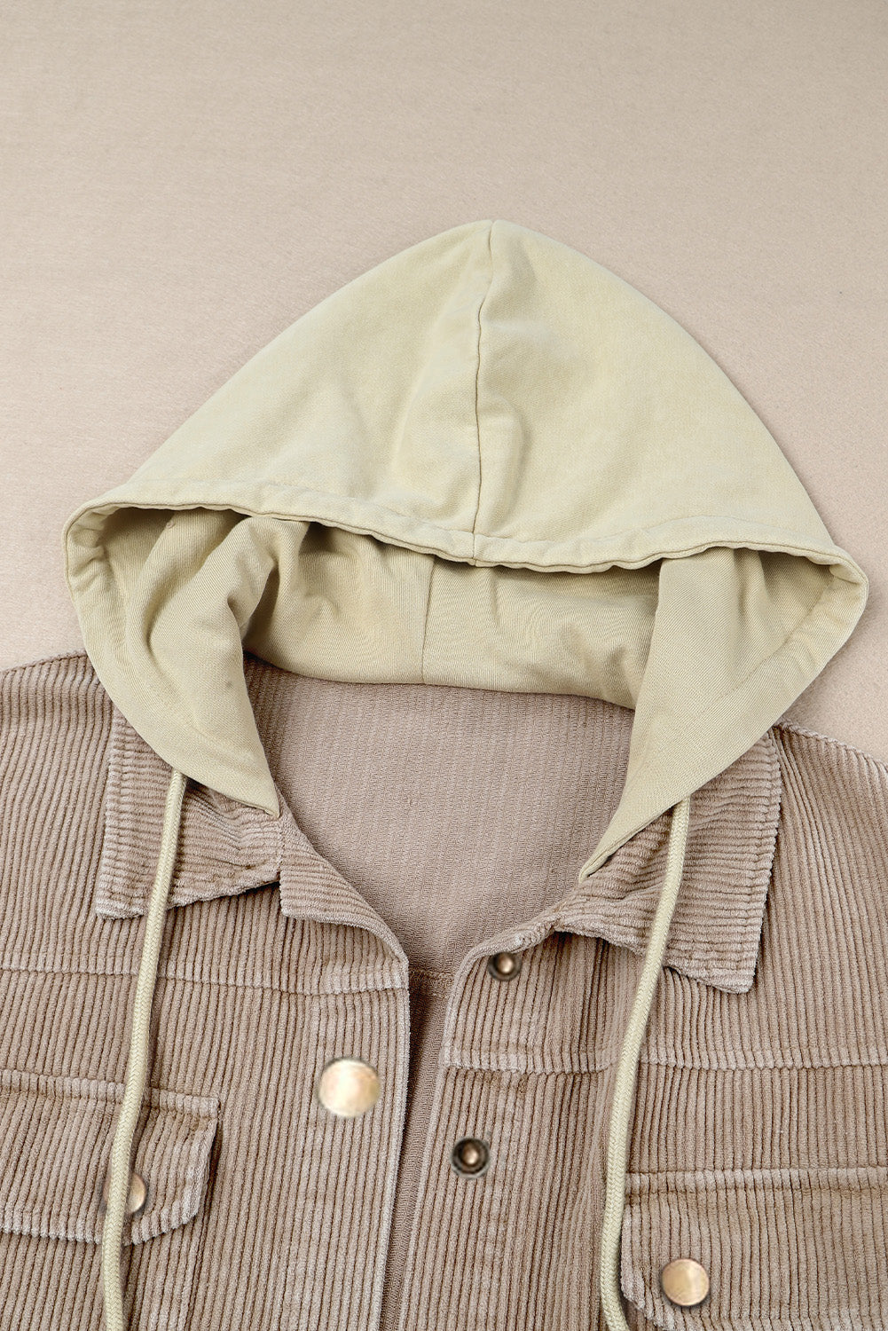 Patchwork Hooded Corduroy Shacket | Khaki