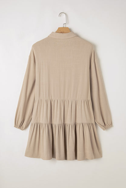 Puff Sleeve Buttoned Tiered Pleated Shirt Mini Dress | Tan