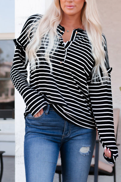 Striped Print Ruffled Buttoned Long Sleeve Top | Black